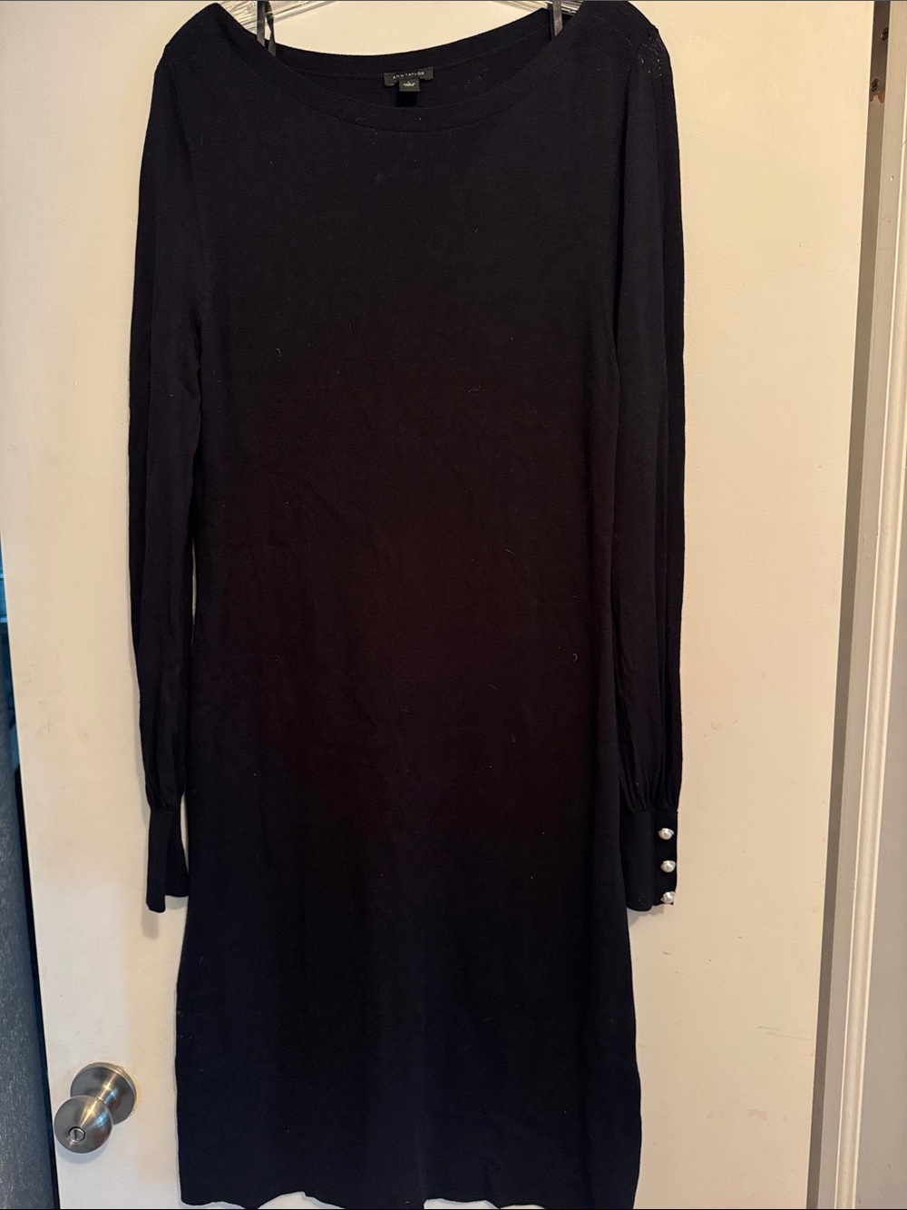 Ann Taylor Black Long-Sleeve Knit Dress with Pearl Cuff Detail